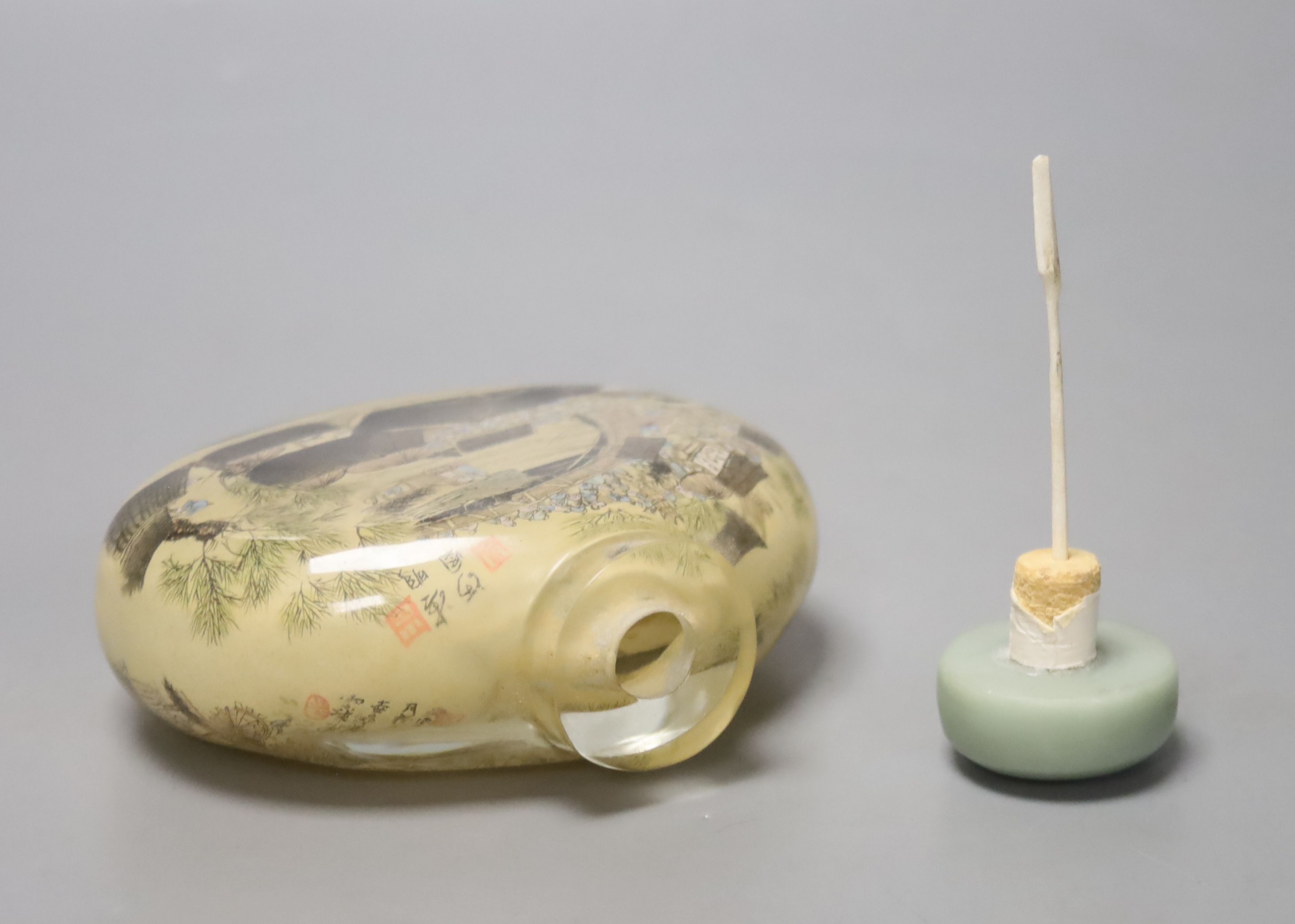 A Chinese inside-painted glass snuff bottle and cover, 10cm high